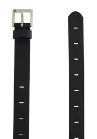 Ceinture en cuir noir avec une boucle en métal argenté, texture lisse, plusieurs trous d'ajustement et un design mince et rectangulaire.