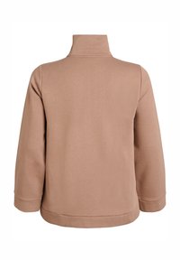 Brązowy pulower z wysokim kołnierzem, wykonany z miękkiego materiału. Posiada długie rękawy, luźny krój oraz prosty brzeg. Brak wzorów i ozdób.