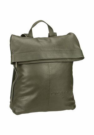 Grüner Leder-Rucksack mit gefaltetem Deckel, vertikalem Reißverschluss an einer Seite und geprägtem Logo auf der Front. Glatte Textur und strukturierte Form.