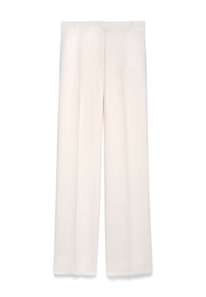 Wide-leg trousers in a soft, cream fabric. Features front pockets, a button closure, and a clean, textured finish.