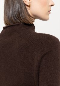Brown knitted sweater with a high collar, featuring a textured pattern and ribbed detailing at the neckline and shoulders.