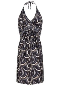 Schwarzes Neckholderkleid mit wirbelnden Creme- und Goldmustern, gerafftem Oberteil und fließendem Rock. Weicher Stoff mit glatter Textur.