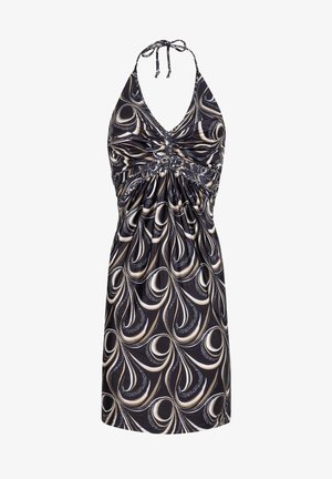 Czarna sukienka na halter z marszczonym górą, zdobiona wirującym wzorem paisley w kremowym i złotym kolorze. Miękka, lekka tkanina o zwiewnym kroju.