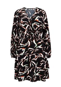 Black dress with an abstract orange, green, and white leaf pattern. V-neck, long sleeves, and a smocked waist for a relaxed fit.