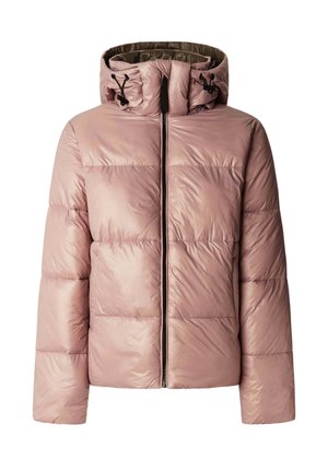Chaqueta acolchada en rosa claro, con un alto cuello con detalle fruncido, cierre completo en la parte delantera y cordones elásticos en la capucha.