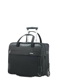 Black wheeled briefcase with a telescoping handle, textured fabric, multiple pockets, and silver accents. Zippered closure with sturdy handles.