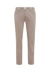 Beige Baumwollhose mit geradem Schnitt, versehen mit einem Knopf- und Reißverschluss, frontalen Taschen und dezenten Steppnähten.