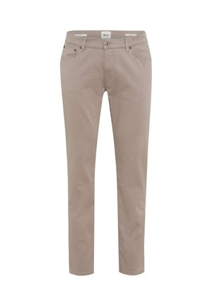Pantalons beiges en coton à coupe droite, avec une fermeture à bouton et zip, des poches avant et des détails de couture subtils.