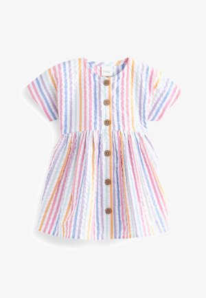 Babykleedje met korte mouwen, verticale pastelkleurige strepen en een rij bruine knopen aan de voorkant in het midden.