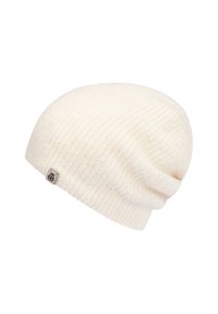 Cream-colored ribbed knit beanie with a small rectangular logo tag on the side, displayed on a white background.