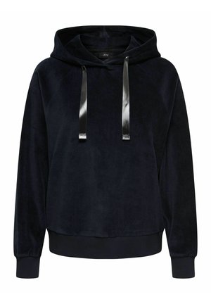 Marineblå hettegenser i mykt stoff med snøring i hetten og svarte satengdetaljer, ribbestrikkede mansjetter og kant. Klassisk genser med overhodet design.