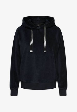 Marineblå hettegenser i mykt stoff med snøring i hetten og svarte satengdetaljer, ribbestrikkede mansjetter og kant. Klassisk genser med overhodet design.