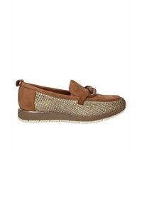 Bruine suède loafers met een geweven goud- en bruinpatroon bovenkant, met een decoratieve lus en een gestructureerde rubberen zool.
