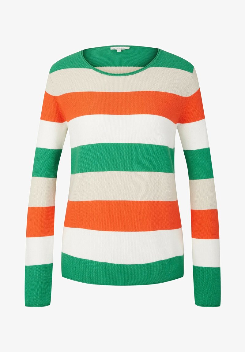 Striped pullover sweater in green, orange, white, and beige. Features a round neckline and long sleeves with a textured knit pattern.