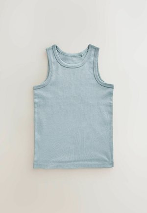 Helles blaues Tanktop aus weichem, geripptem Stoff. Mit rundem Ausschnitt und breiten Trägern, geradem Saum und minimalen Nähten.