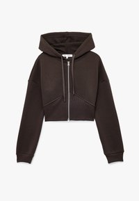 Korte bruine hoodie van zacht materiaal, met een rits aan de voorkant, verstelbare trekkoorden en geribbelde manchetten voor een aansluitende look.