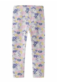 Collants blancs pour enfants avec des visages Hello Kitty pastel en rose, violet et jaune, des nœuds, des cœurs, des étoiles et des motifs d'arc-en-ciel.