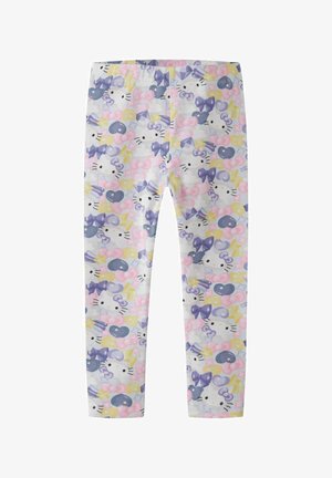 Collants blancs pour enfants avec des visages Hello Kitty pastel en rose, violet et jaune, des nœuds, des cœurs, des étoiles et des motifs d'arc-en-ciel.