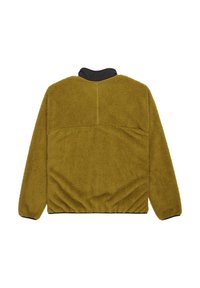 Fleecejas in olijfgroen, voorzien van een hoge kraag en elastische manchetten. Getextureerd oppervlak met een zachte, gezellige uitstraling.