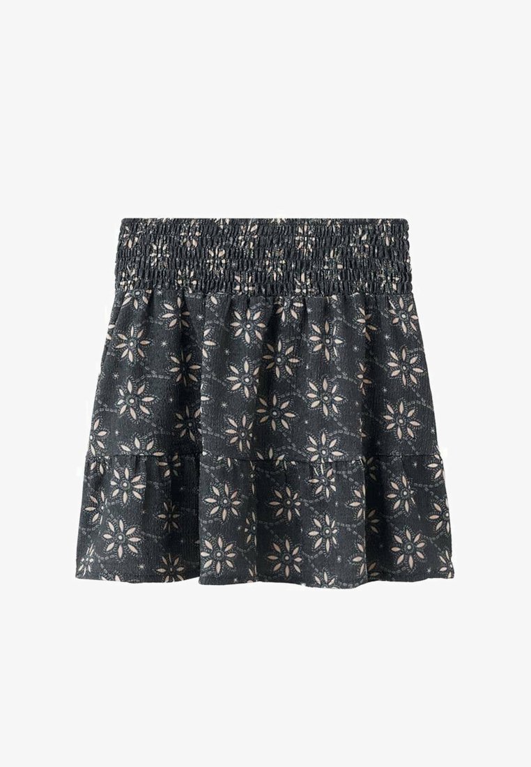 Mini-jupe noire avec taille élastique et motif floral beige sur toute la surface, présentant un design ample et à étages.