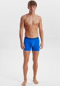 Blå bomuldsboxershorts med sort talje. Stoffet ser glat ud og strækker sig behageligt. Designet er tætsiddende og enkelt.