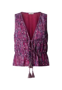 Mouwloze paarse blouse met patroon, diepe V-hals, getailleerde taille en voorstrik met kwastjes.