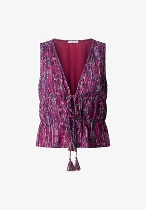 Mouwloze paarse blouse met patroon, diepe V-hals, getailleerde taille en voorstrik met kwastjes.