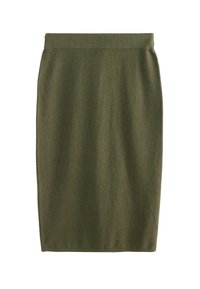 Fustă creion tricotată verde măsliniu, cu o talie cu nervuri. Textură netedă, siluetă dreaptă și design până la genunchi.