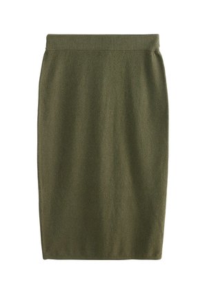Olive green knitted pencil skirt with a ribbed waistband. Smooth texture, straight silhouette, and knee-length design.
