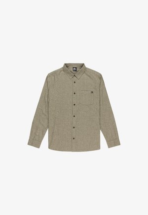 Langærmet skjorte med knapper i olivengrønt tekstureret stof, der har en brystlomme og brune knapper, med et klassisk kravedesign.