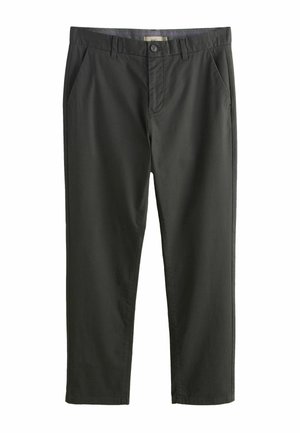 Tmavozelené bavlnené nohavice s plochým predným dielom, bočnými vreckami a gombíkovým zapínaním. Hladká textúra, priame nohavice, žiadne viditeľné vzory.