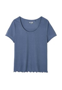 T-shirt bleu à rayures côtelées à manches courtes, avec un col en scoop et un ourlet festonné ; fabriqué dans un tissu doux, présentant des lignes verticales et une coupe décontractée.