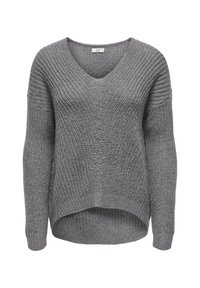 Grauer Strickpullover mit V-Ausschnitt, langen Ärmeln und einem leicht verkürzten Rücken. Strukturierter Stoff mit lockerer Passform und gerippten Abschlüssen.