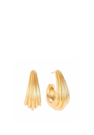Pair of gold-tone, ribbed hoop earrings with a scalloped design, one shown from the front and the other from the side.