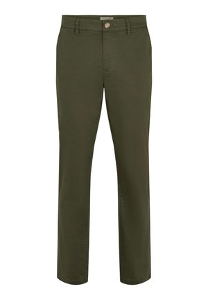 Olivzaļas bikses no viegla kokvilnas materiāla. Taisnas kājas dizains ar pogas aizdari un priekšējām kabatām. Gluda tekstūra, bez redzamiem rakstiem.