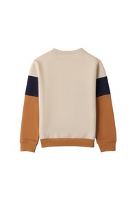 Felpa beige con accenti arancioni e blu navy sulle maniche. Presenta un collo rotondo, polsini a coste e una texture liscia. Visuale posteriore mostrata.