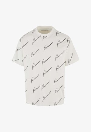 Bílý tričko s krátkým rukávem s černým písmem "Rocawear" po celém povrchu. Vyrobeno z měkké tkaniny s volným střihem.