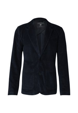 Marineblauer Cord-Blazer mit einem einzelnen Knopf, zwei Fronttaschen, glatter Textur und Reversschlägen. Futter sichtbar im Kragen.