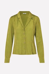 Green long-sleeve button-up shirt with a collar, made from textured fabric, featuring six round buttons down the front and tailored seams.