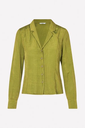 Grünes Langarmhemd mit Kragen, hergestellt aus strukturiertem Stoff, mit sechs runden Knöpfen an der Vorderseite und taillierten Nähten.