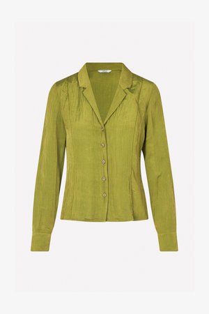 Zöld, hosszú ujjú, gombos ing, gallérral, textúrált anyagból készült, a fronton hat kerek gombbal és testre szabott varrással.