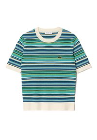 Stripet kortærmet t-shirt i blå, grøn og creme med ribbet tekstur. Har et lille broderet logo på brystet. Rund halsdesignet.