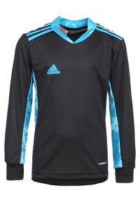 Maillot de football à manches longues noir avec des accents bleus et un tissu texturé. Présente le logo Adidas et des rayures verticales sur les manches.
