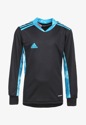 Černý fotbalový dres s dlouhým rukávem, modrými akcenty a texturovanou tkaninou. Obsahuje logo Adidas a vertikální pruhy na rukávech.