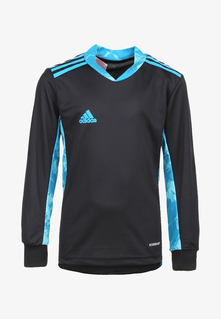 Maillot de football à manches longues noir avec des accents bleus et un tissu texturé. Présente le logo Adidas et des rayures verticales sur les manches.
