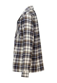 Plaid shirt in cream, navy, and brown. Features a collar, long sleeves, and a pocket on the left side. Made from a textured fabric.