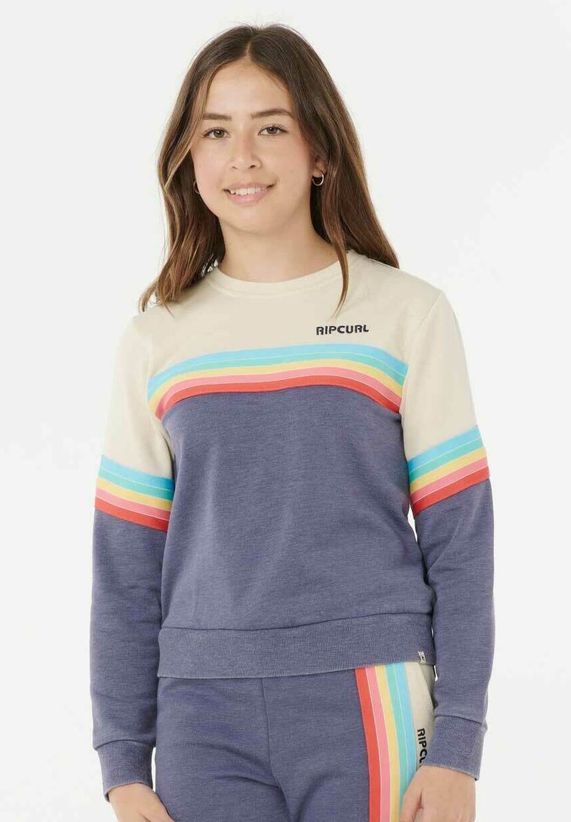 Felpa blu a girocollo con strisce orizzontali pastello in rosso, arancione, giallo e teal. Presenta il logo "Ripcurl" sul petto. Tessuto morbido.
