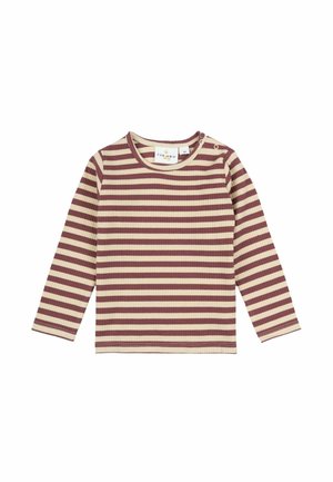 T-shirt bébé à manches longues en maille côtelée avec rayures horizontales beige et marron et boutons-pression sur l'épaule gauche.