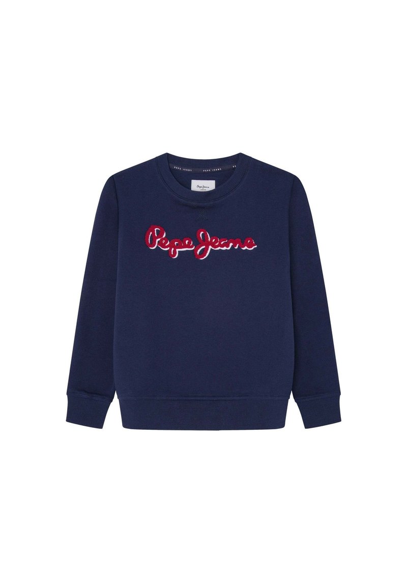 Tmavě modrá bavlněná mikina s texturovaným vyšívaným logem "Pepe Jeans" v červené barvě přes hrudník, žebrované manžety a lem.