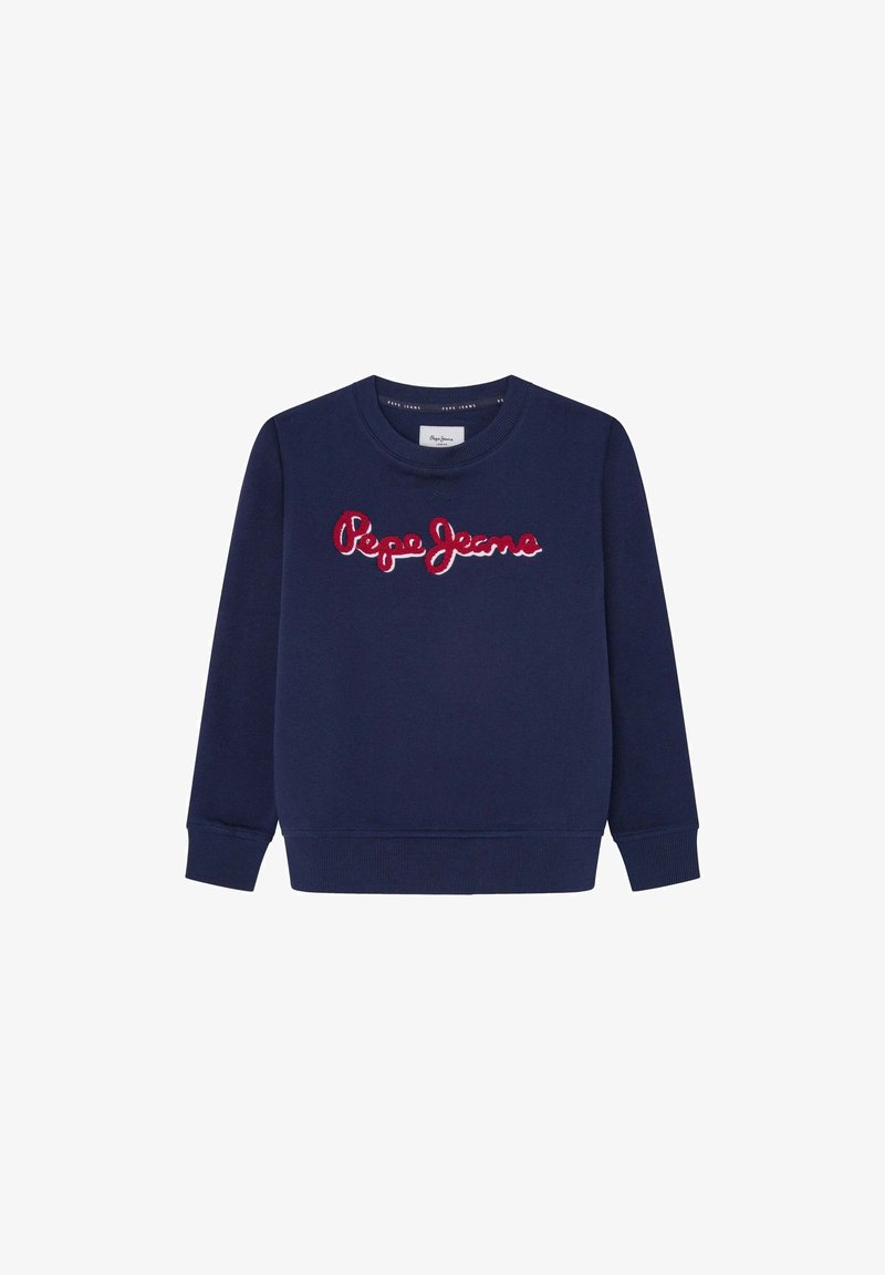 Felpa blu navy in cotone, con logo "Pepe Jeans" ricamato a rilievo in rosso sul petto, polsini e orlo a costine.